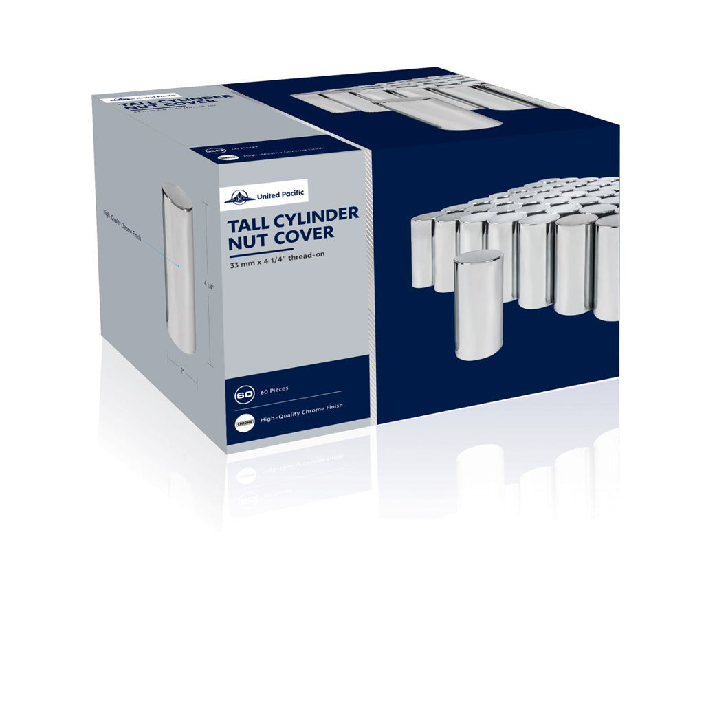 33mm X 4-1/4" Chrome Plastic Tall Cylinder Nut Covers - Thread-On (60-Pack)