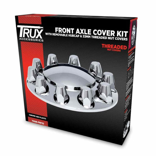 Front Axle Cover Kit with Removable Hubcap & 33mm Threaded Nut Covers – Dome Hubcap | Chrome ABS Plastic